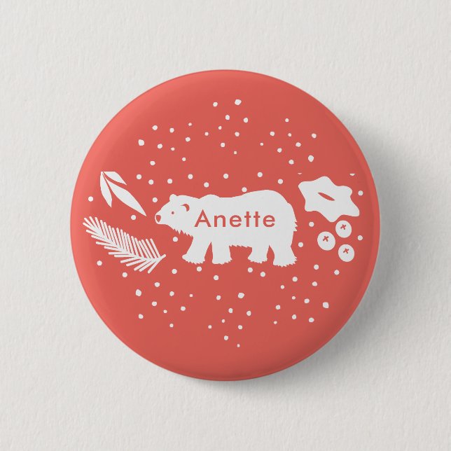 Polar Bear Pine & Holly Holiday Red Button (Front)