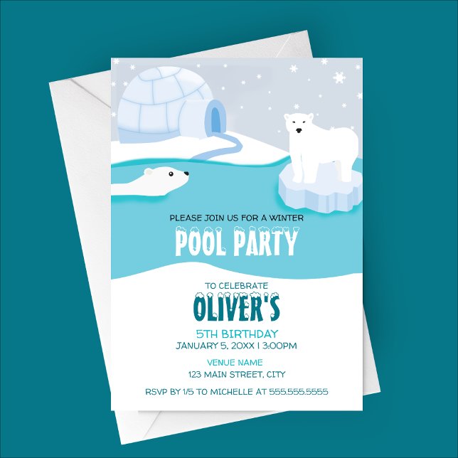 Polar Bear Pool Party Birthday Invitation (Polar Bear Pool Party Winter Birthday Invitation)