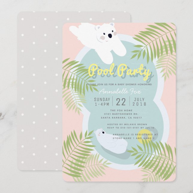 Polar Bear Pool Party Pink Baby Shower Invitation (Front/Back)