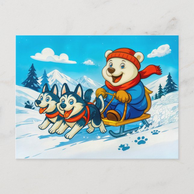 Polar Bear Racing a Husky Dog Sled Team Postcard (Front)
