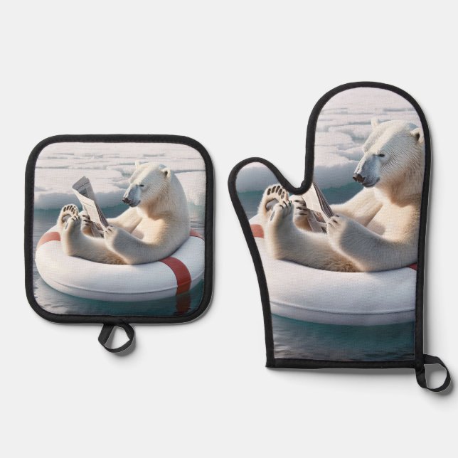 Polar Bear Reading a Newspaper Oven Mitt & Pot Holder Set (Front)
