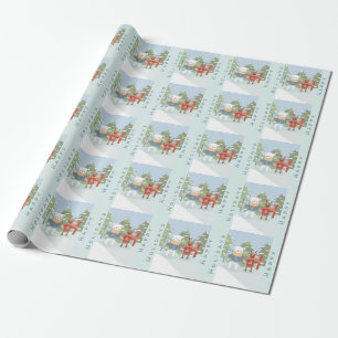 Polar Bear Reindeer with Skis Blue Wrapping Paper 