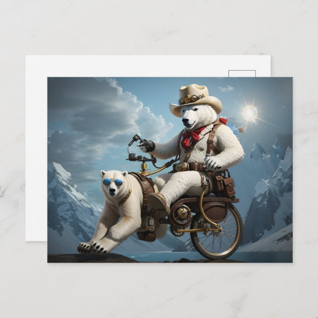 Polar bear riding part animal bicycle postcard (Front/Back)