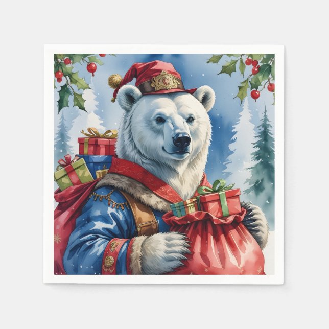 Polar Bear Santa Christmas Design Napkin (Front)