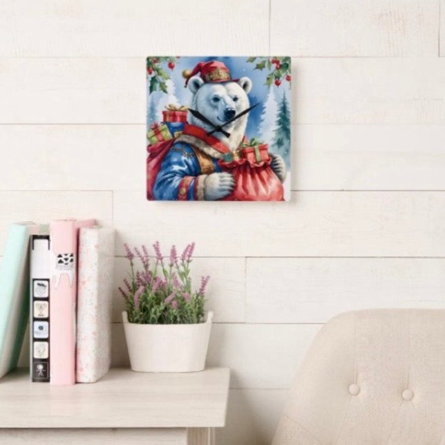 Polar Bear Santa Christmas Design Square Wall Clock (Wall Clock backside hanging slot  non-ticking design. 2 sizes: 8" diameter or 10.75" diameter.)