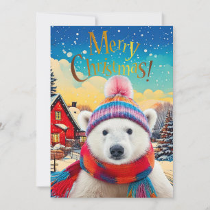 Polar Bear Santa hat and Scarf  Holiday Card