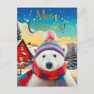 Polar Bear Santa hat and Scarf Holiday Postcard