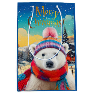 Polar Bear Santa hat and scarf Merry Christmas Medium Gift Bag