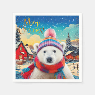 Polar Bear Santa hat and scarf Merry Christmas Napkin
