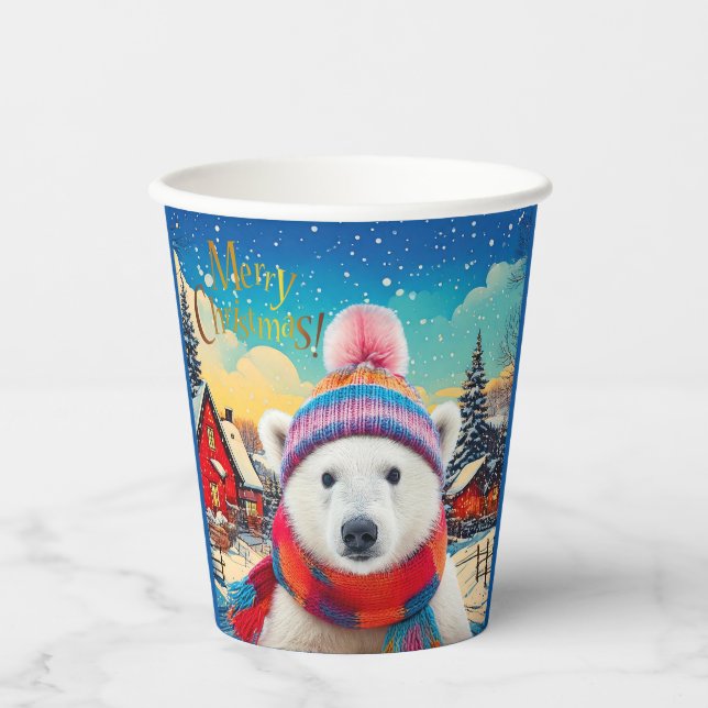 Polar Bear Santa hat and scarf Merry Christmas Paper Cups (Front)