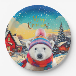 Polar Bear Santa hat and scarf Merry Christmas Paper Plate