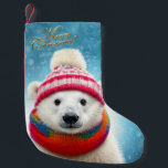 Polar Bear Santa hat and Scarf  Small Christmas Stocking<br><div class="desc">A Polar Bear wearing a Santa hat and scarf with falling snow.  Merry Christmas greeting.</div>