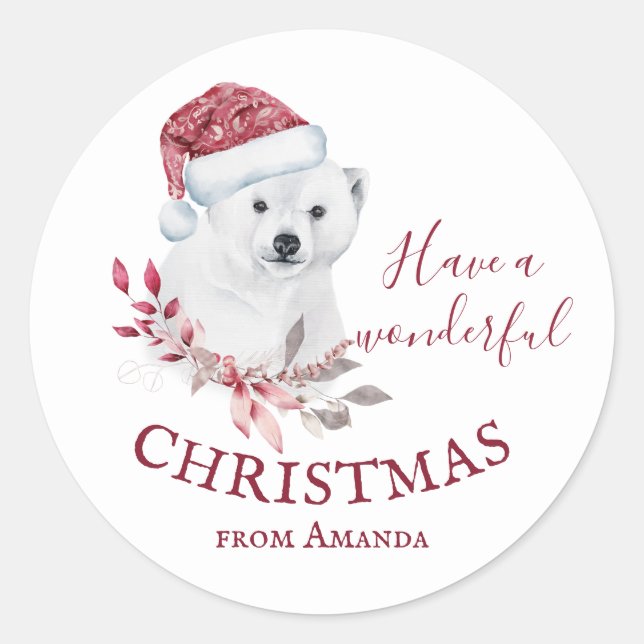 Polar bear Santa hat Merry Christmas cute Classic Round Sticker (Front)