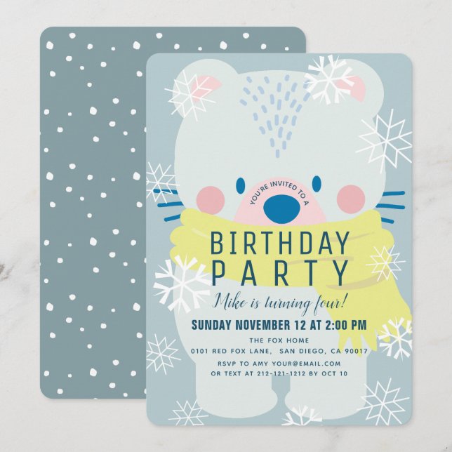 Polar Bear Scarf Winter Snowflakes Blue Birthday Invitation (Front/Back)
