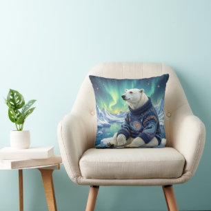 Polar Bear Sitting Under Northern Lights Cushion