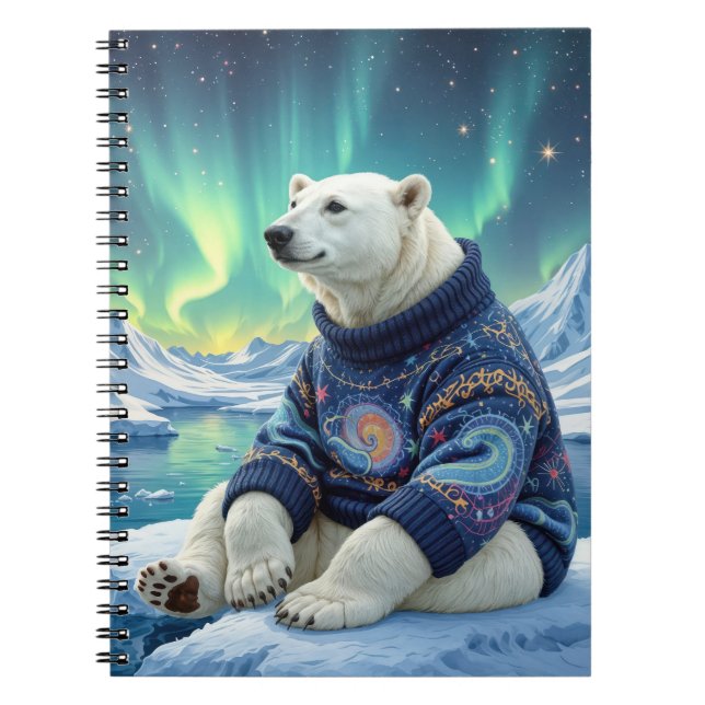 Polar Bear Sitting Under Northern Lights Notebook (Front)
