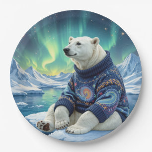 Polar Bear Sitting Under Northern Lights Paper Plate