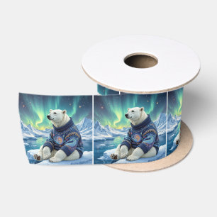Polar Bear Sitting Under Northern Lights Satin Ribbon