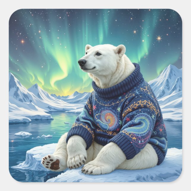 Polar Bear Sitting Under Northern Lights Square Sticker (Front)