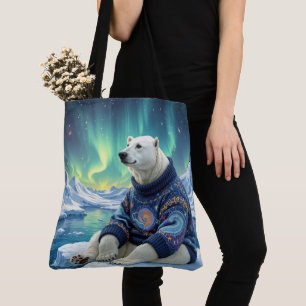 Polar Bear Sitting Under Northern Lights Tote Bag