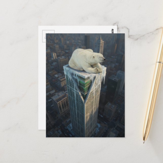 Polar Bear Skyscraper melting ice global warming Postcard (Front/Back In Situ)