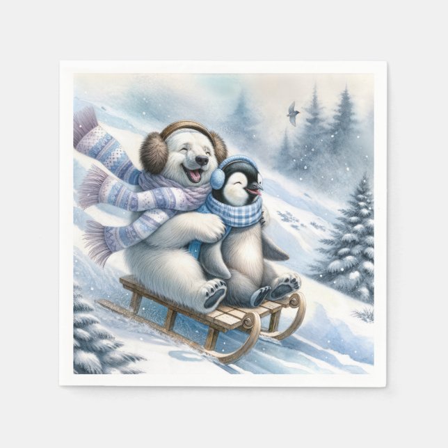 Polar Bear Sledding With a Penguin Napkin (Front)