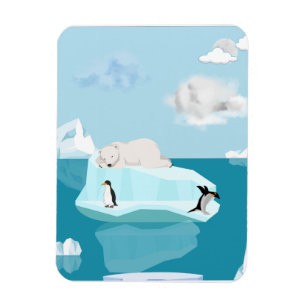 Polar Bear Sleeping and Penguins on a photo magnet