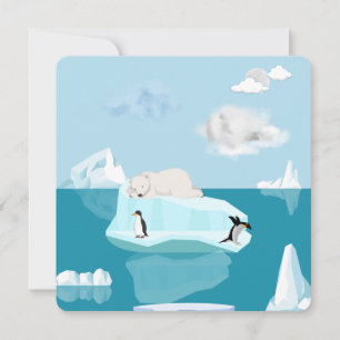 Polar Bear Sleeping and Penguins on an invitation. Invitation