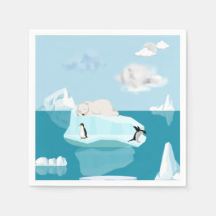Polar bear sleeping on an iceberg and penguins napkin