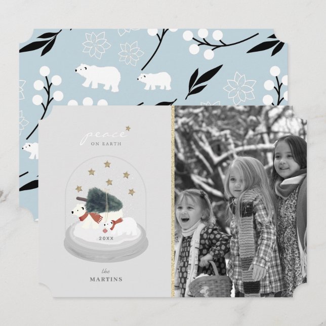 Polar Bear Snow Globe Grey Christmas Holiday Photo Invitation (Front/Back)