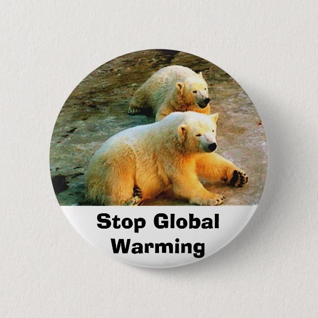 Polar Bear Stop Global Warming Button Pin (Front)