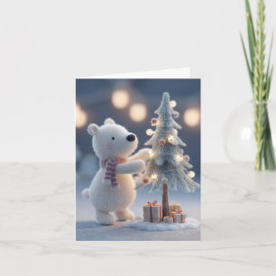 Polar Bear Toy Decorating a Christmas Tree Holiday Card