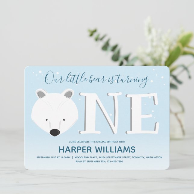 Polar Bear Turning One Winter Animal 1st Birthday Invitation (Standing Front)