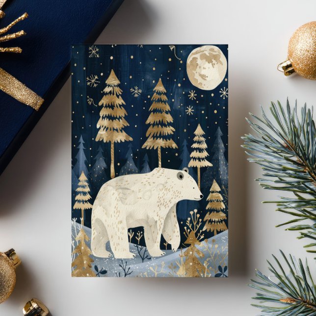 Polar Bear Under The Moon Watercolor Woodland Xmas Postcard (Creator Uploaded)