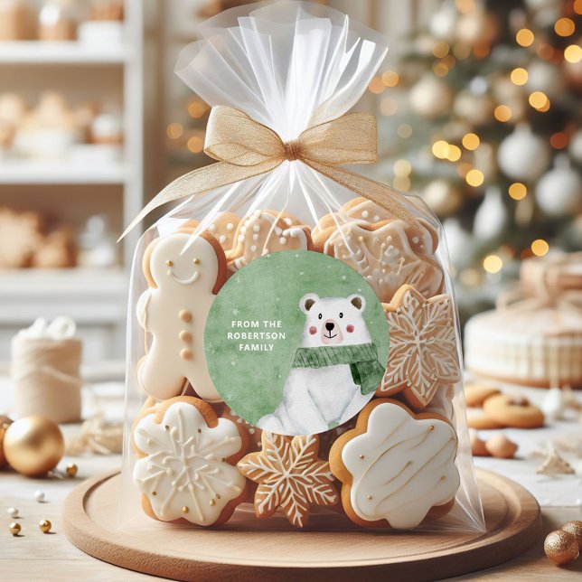 Polar Bear Wearing Green Scarf Let it Snow Holiday Classic Round Sticker (Creator Uploaded)