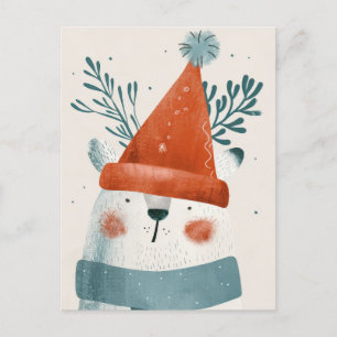 Polar Bear Wearing Santa Hat Minimalist Christmas Postcard
