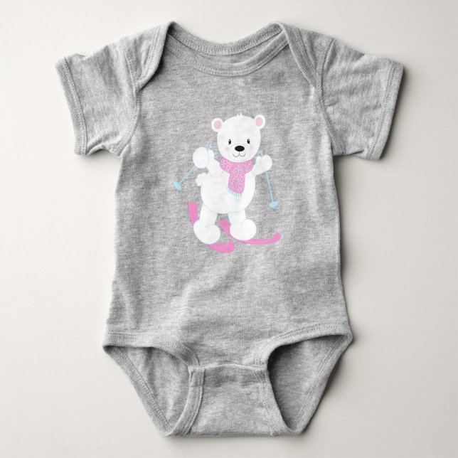 Polar Bear, White Bear, Cute Bear, Skiing Bear Baby Bodysuit (Front)
