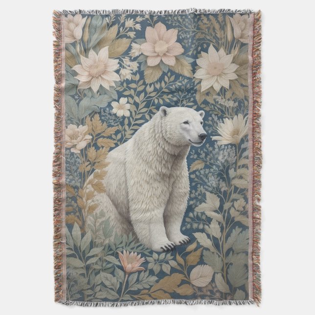 Polar Bear William Morris Inspired Floral Throw Blanket (Front Vertical)