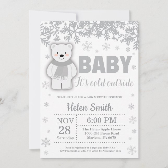 Polar Bear Winter Baby Shower Snowflake Invitation (Front)