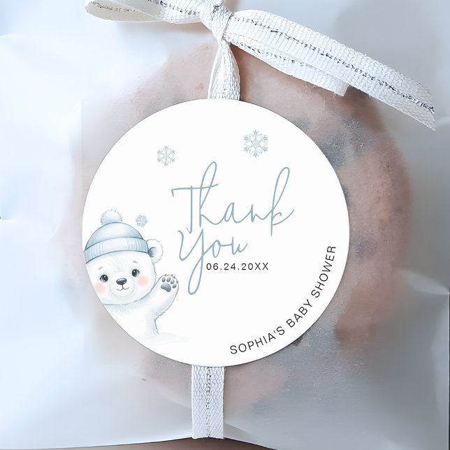 Polar Bear Winter Baby Shower Thank You Classic Round Sticker (Creator Uploaded)