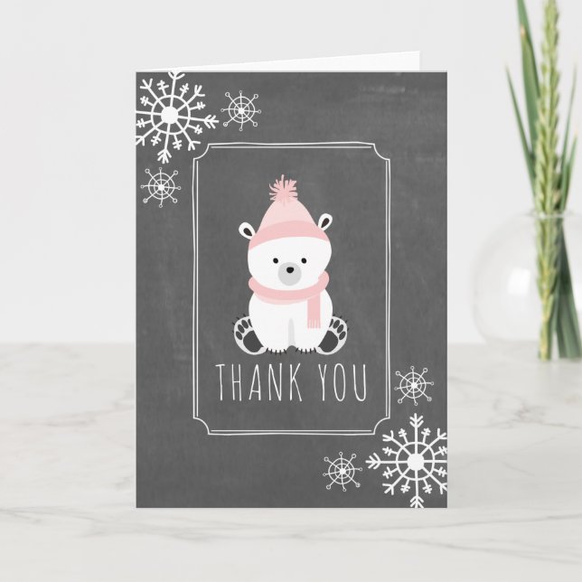 Polar Bear Winter Baby Shower Thank You Pink Card (Front)