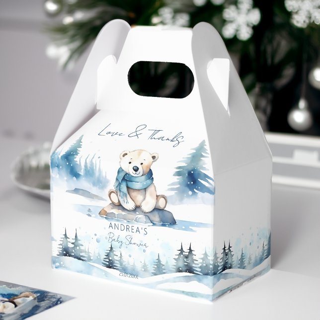 Polar bear winter bearly wait baby shower favour box (Polar bear winter bearly wait baby shower favor box cute teddy bear with a scarf blue pines baby boy)
