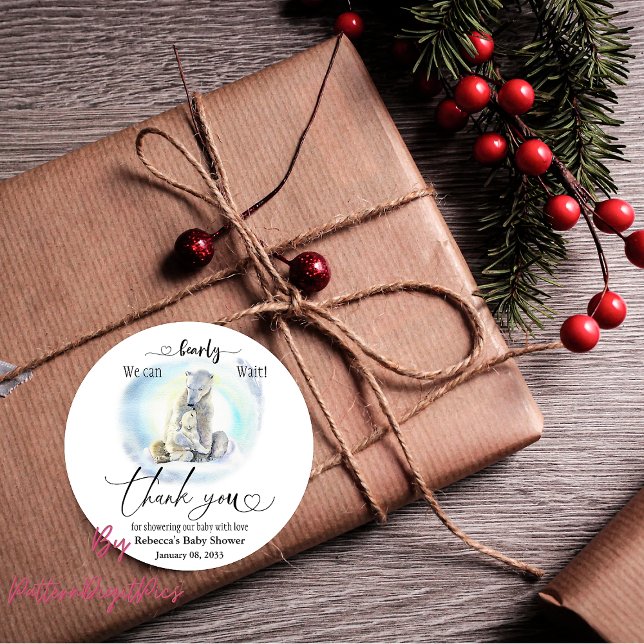 Polar Bear Winter Bearly Wait Baby Shower Favour Classic Round Sticker (Creator Uploaded)