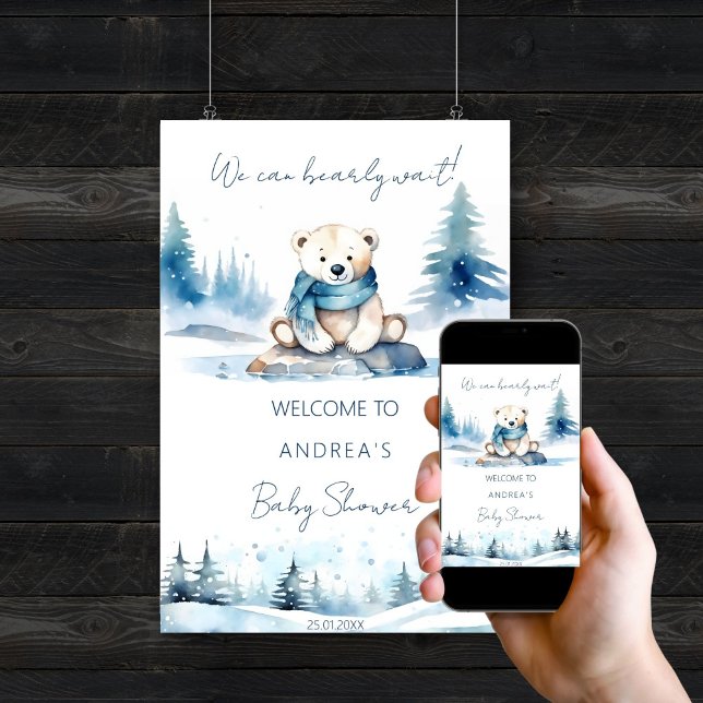 Polar bear winter bearly wait baby shower welcome  poster (Polar bear winter bearly wait baby shower editable template welcome poster digital download cute)