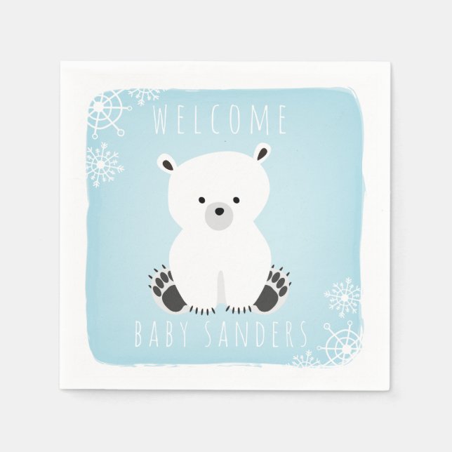 Polar Bear Winter Blue Boy Baby Shower Napkin (Front)