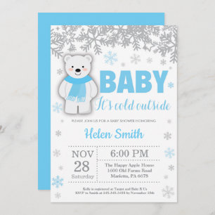 Polar Bear Winter Blue Boy Baby Shower Snowflake Invitation