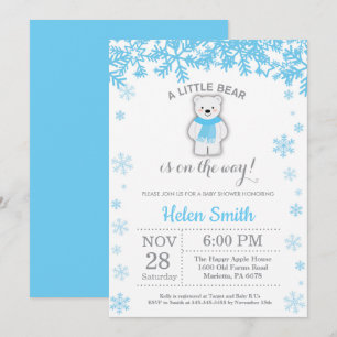 Polar Bear Winter Blue Boy Baby Shower Snowflake Invitation