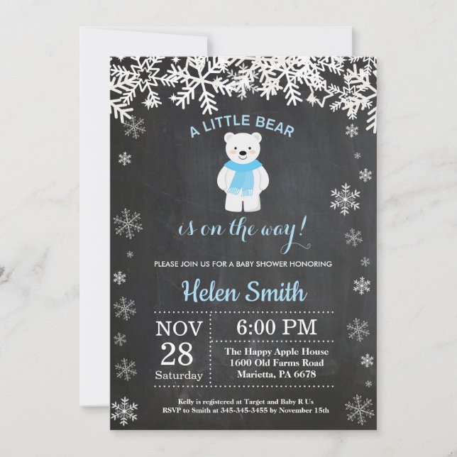 Polar Bear Winter Boy Baby Shower Chalkboard Invitation (Front)