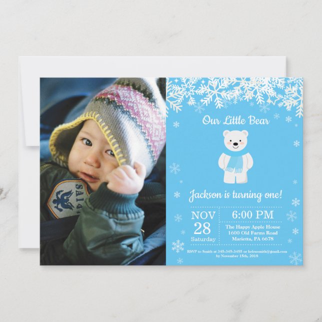 Polar Bear Winter Boy Birthday Photo Invitation (Front)