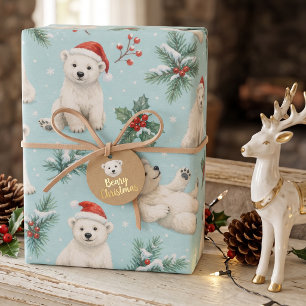 Polar Bear Winter Evergreen Christmas Wrapping Paper Sheet